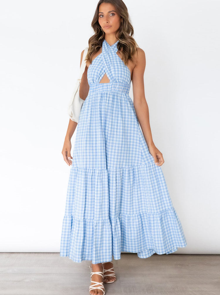 Halter Sleeveless Backless Plaid Maxi Dresses Tiynon