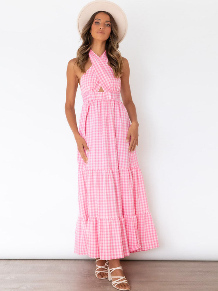 Halter Sleeveless Backless Plaid Maxi Dresses Tiynon