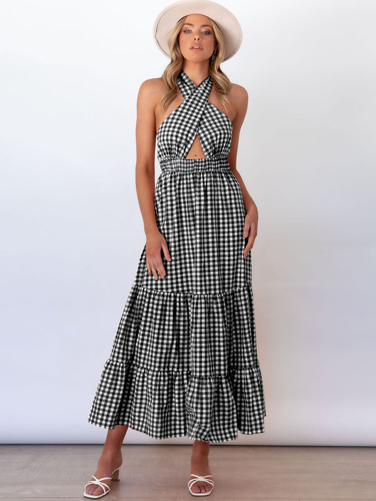 Halter Sleeveless Backless Plaid Maxi Dresses Tiynon