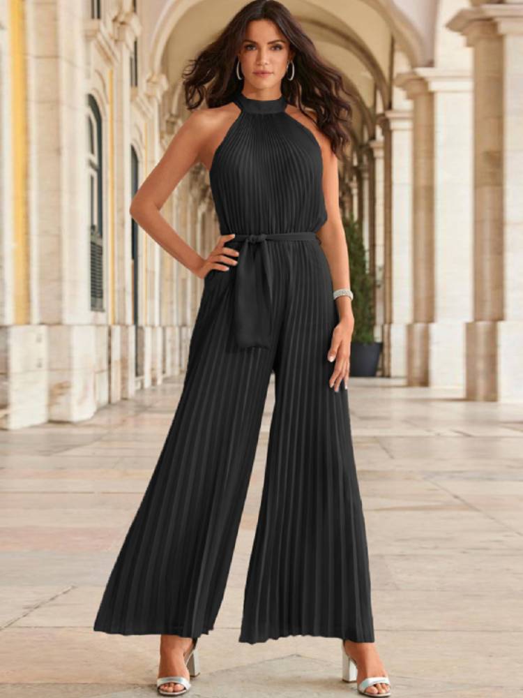 Halter Sleeveless Pleated Wide Leg Jumpsuits Tiynon