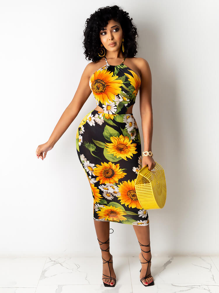 Halter Spaghetti Strap Sunflower Print Bodycon Dresses Tiynon