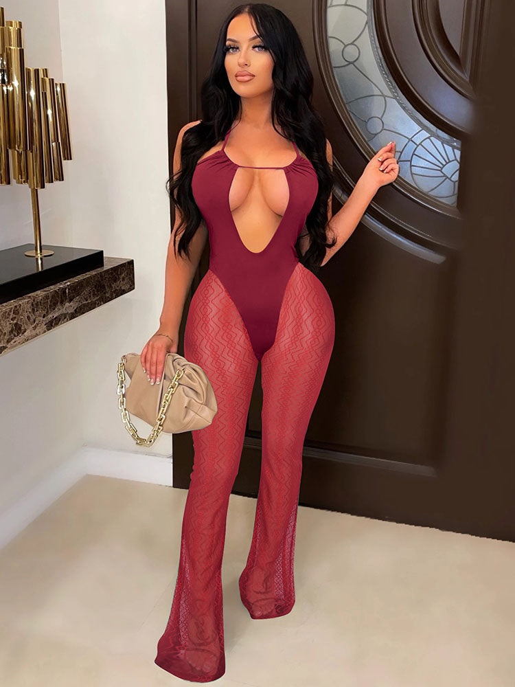 Halter V Neck Mesh Bodycon Jumpsuits Tiynon