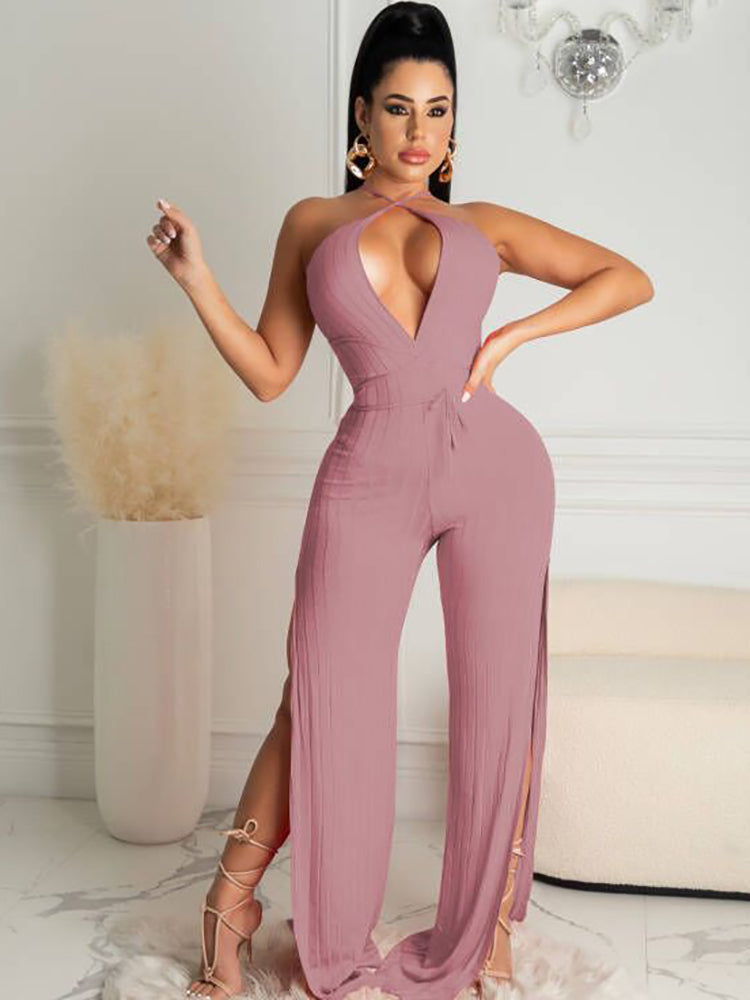 Halter V Neck Side Split Jumpsuits Tiynon