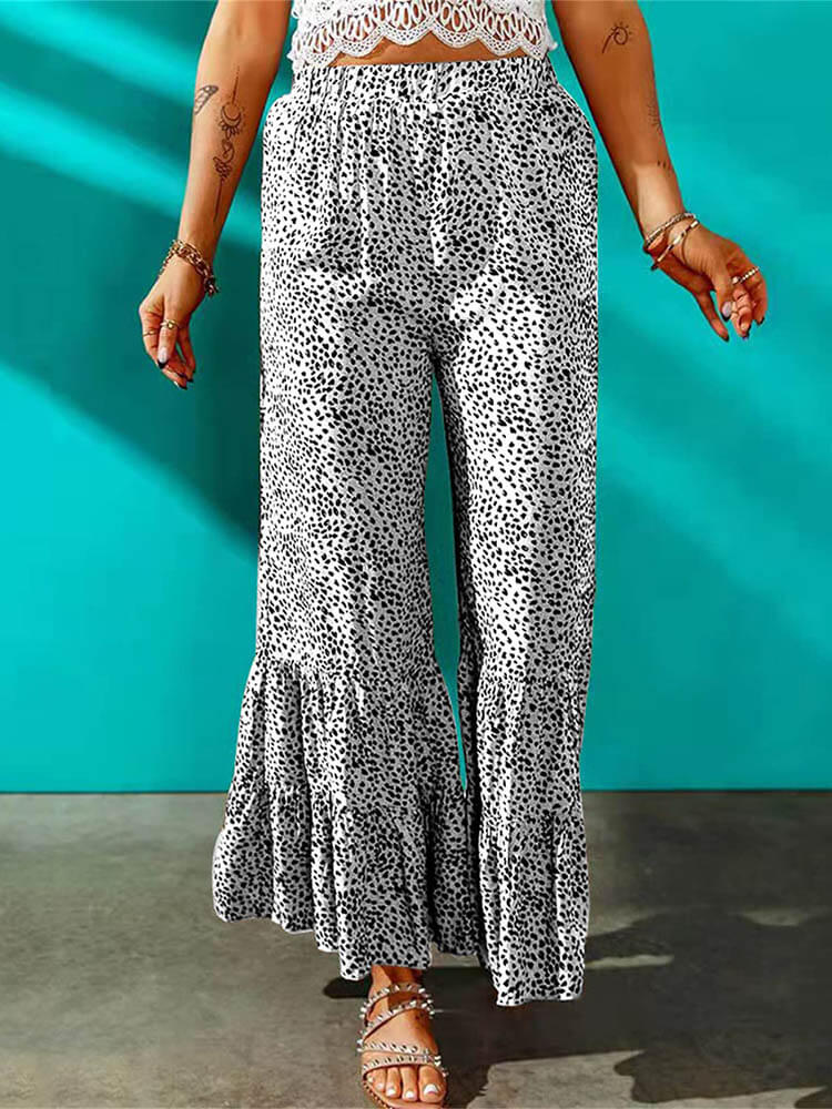 High Waist Leopard Print Ruffle Long Pants Tiynon