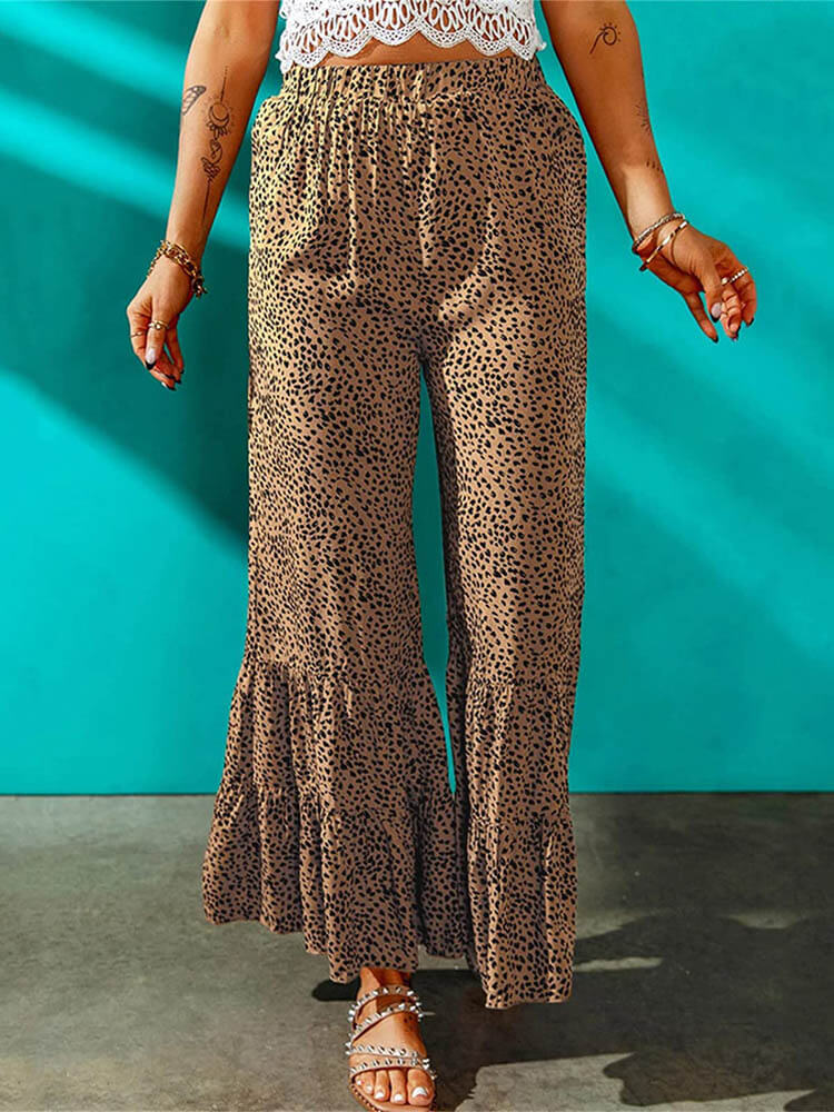 High Waist Leopard Print Ruffle Long Pants Tiynon