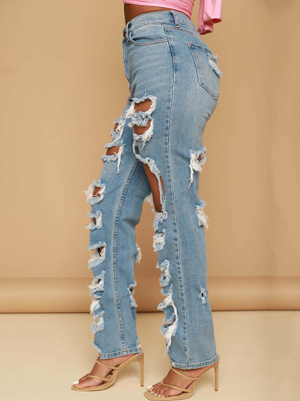 High Waist Ripped Hollow Out Denim Pants Tiynon