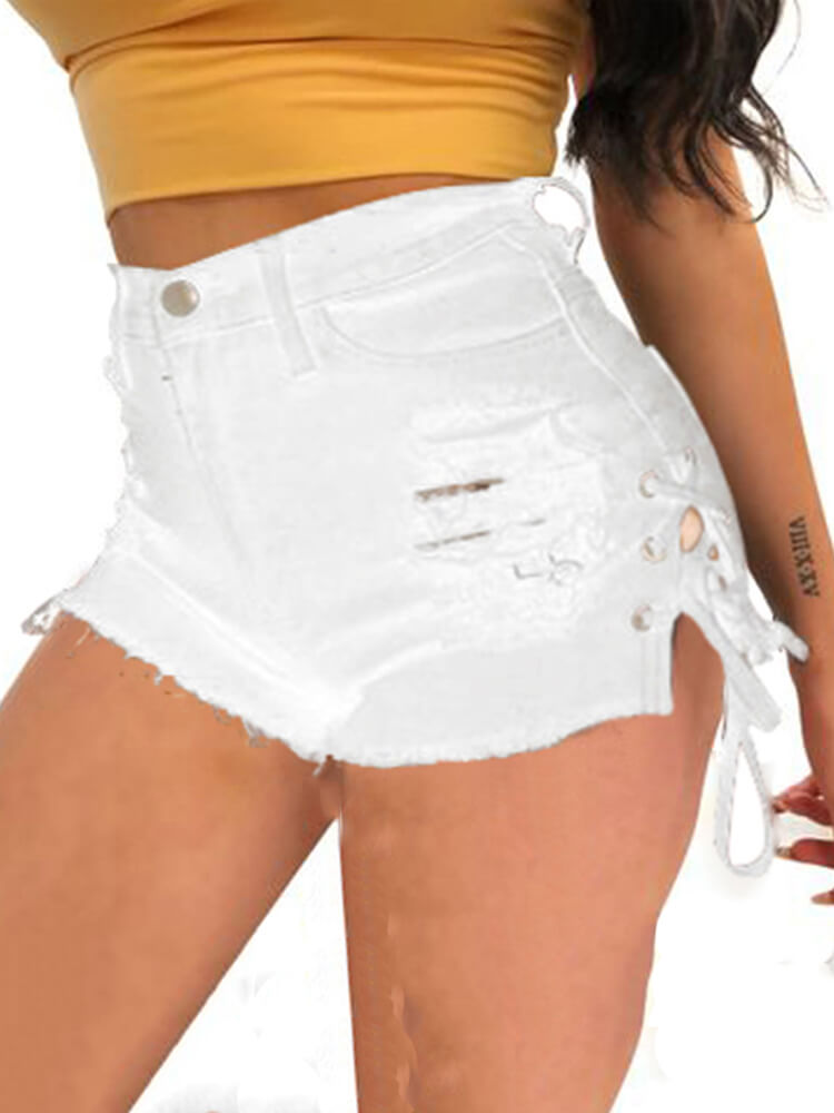 High Waist Ripped Lace Up Tassel Shorts Tiynon