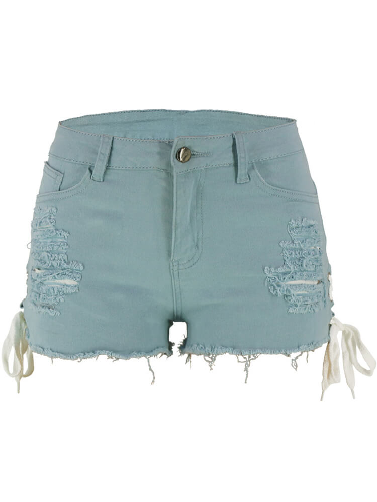 High Waist Ripped Lace Up Tassel Shorts Tiynon