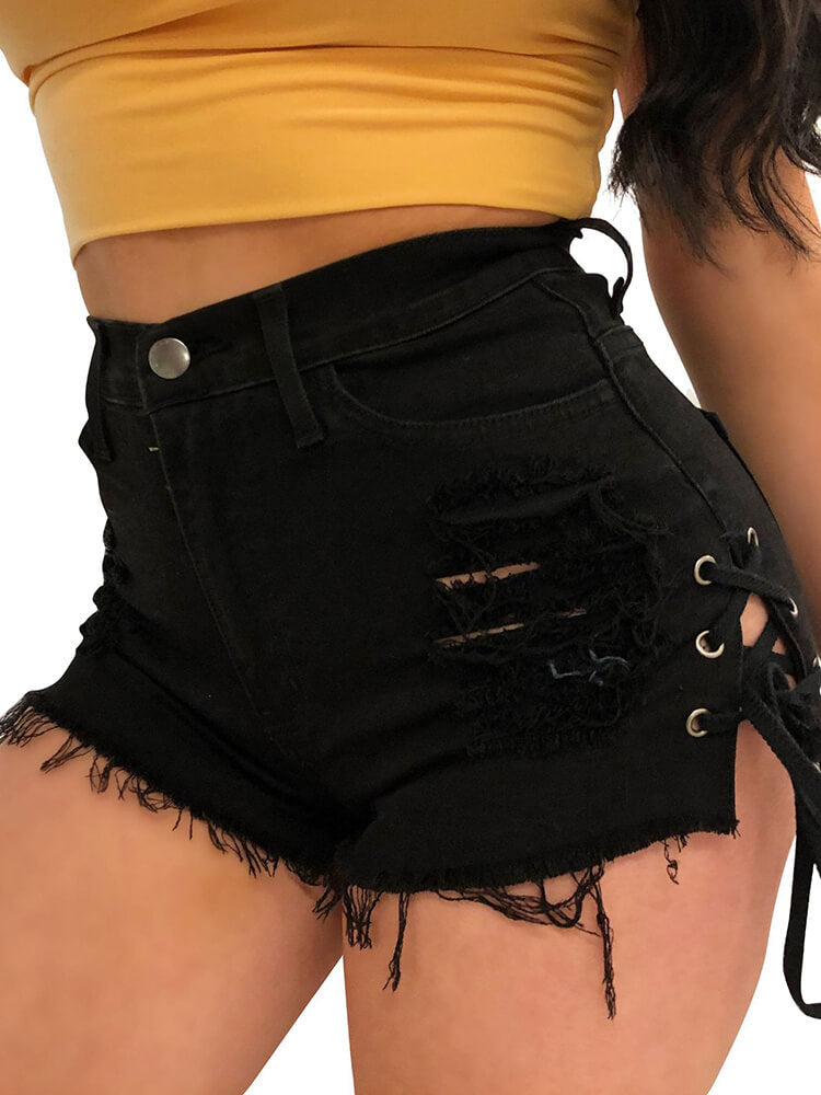 High Waist Ripped Lace Up Tassel Shorts Tiynon