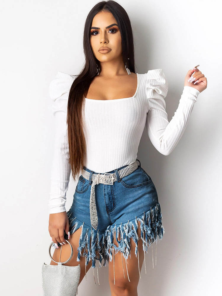 High Waist Tassel Hem Short Jeans Tiynon