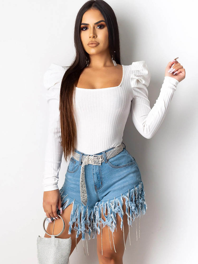 High Waist Tassel Hem Short Jeans Tiynon