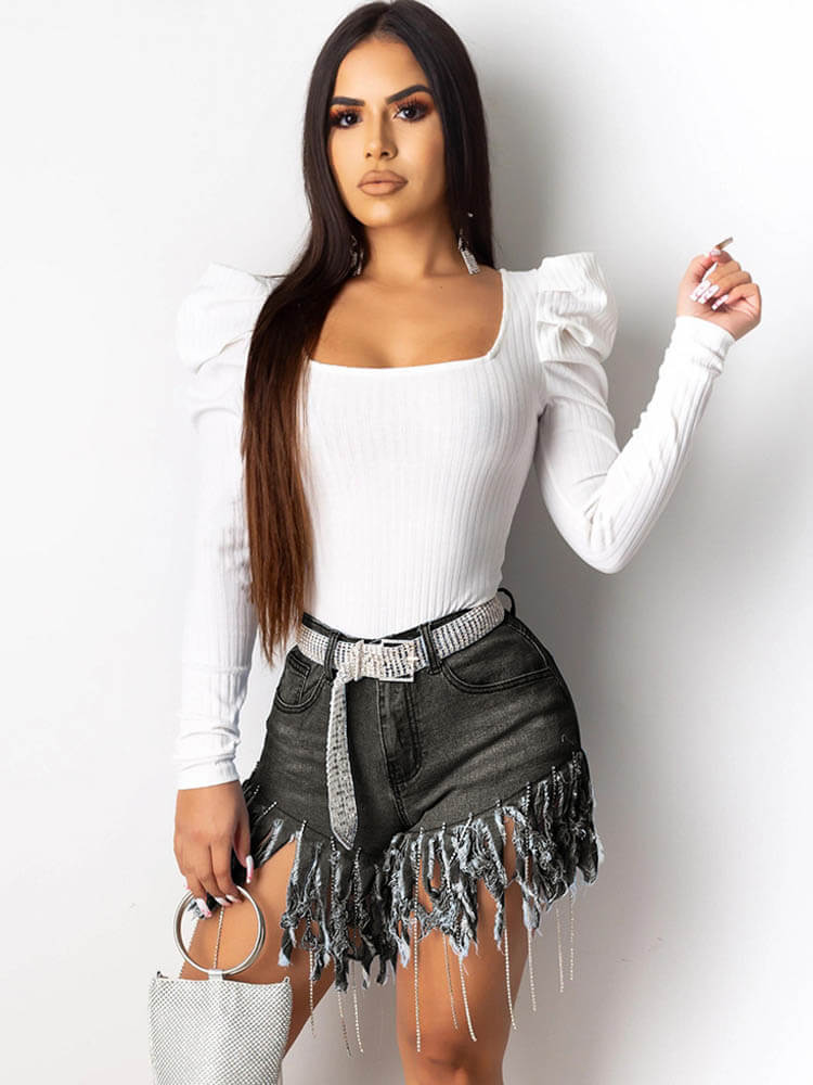 High Waist Tassel Hem Short Jeans Tiynon