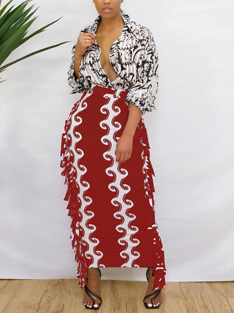 High Waist Tassels Figure Print Maxi Skirts Tiynon