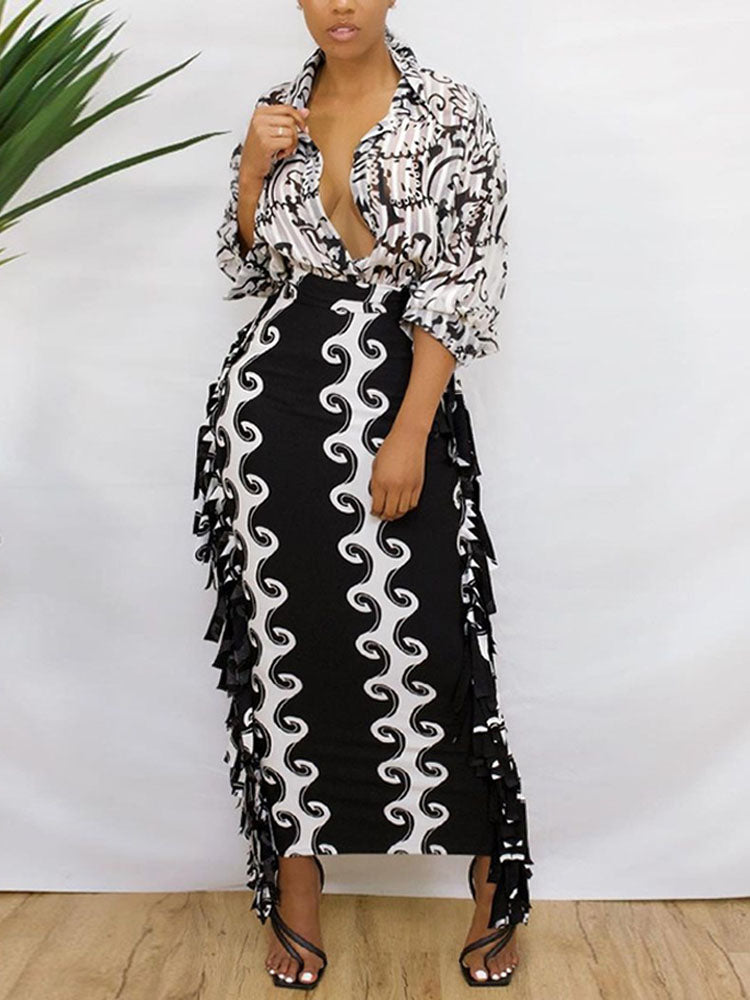 High Waist Tassels Figure Print Maxi Skirts Tiynon