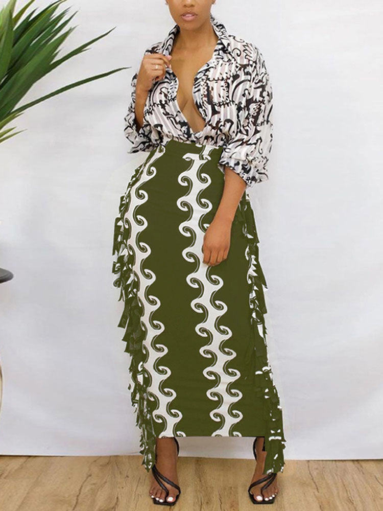 High Waist Tassels Figure Print Maxi Skirts Tiynon