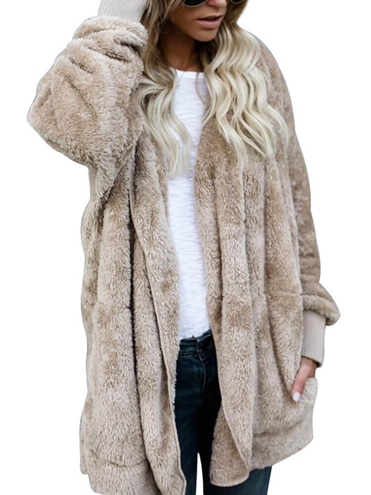 Hooded Cardigan Fluffy Fleece Coat Open Front Jacket Tiynon