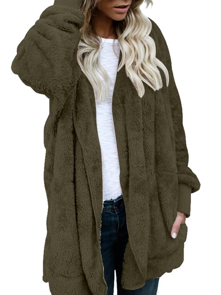 Hooded Cardigan Fluffy Fleece Coat Open Front Jacket Tiynon