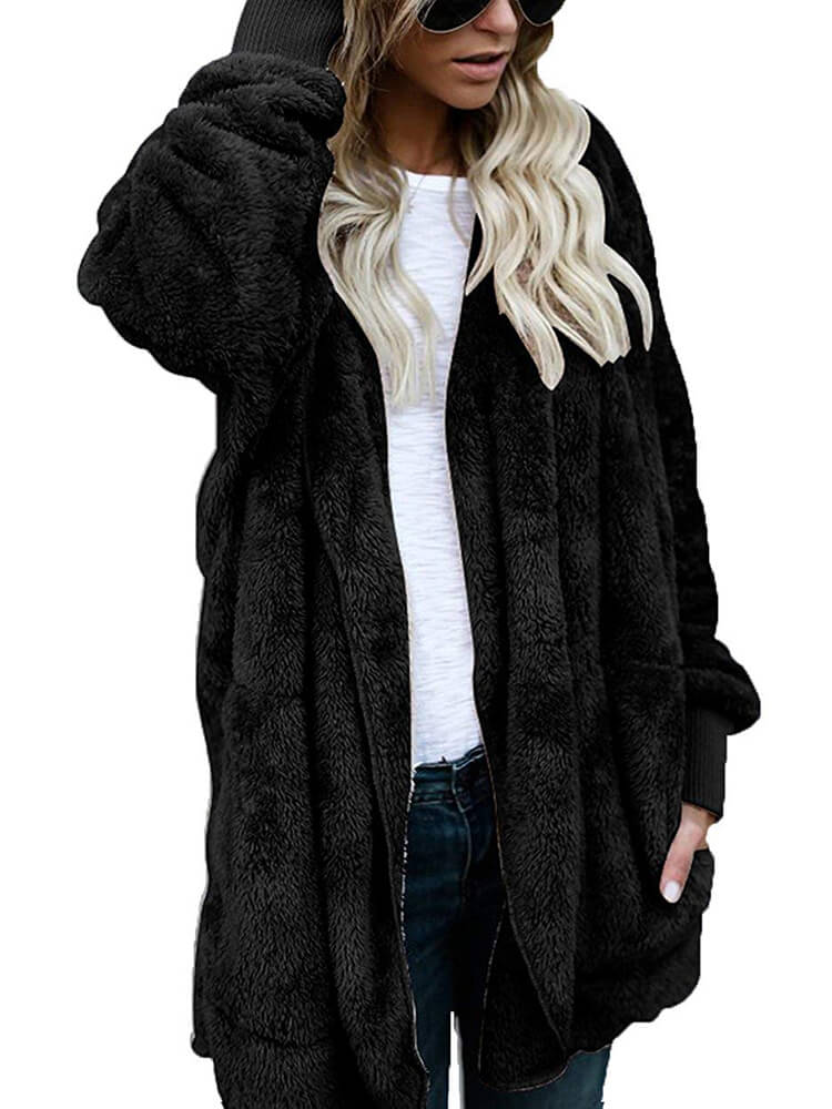 Hooded Cardigan Fluffy Fleece Coat Open Front Jacket Tiynon