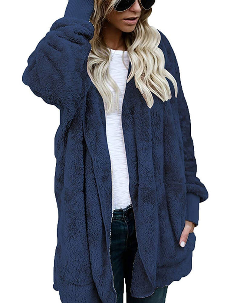 Hooded Cardigan Fluffy Fleece Coat Open Front Jacket Tiynon