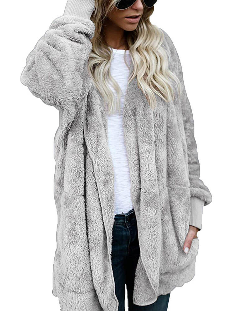 Hooded Cardigan Fluffy Fleece Coat Open Front Jacket Tiynon