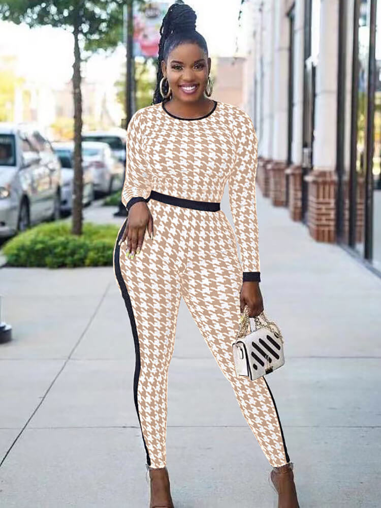 Houndstooth Long Sleeve Patchwork Bodycon Jumpsuit Tiynon