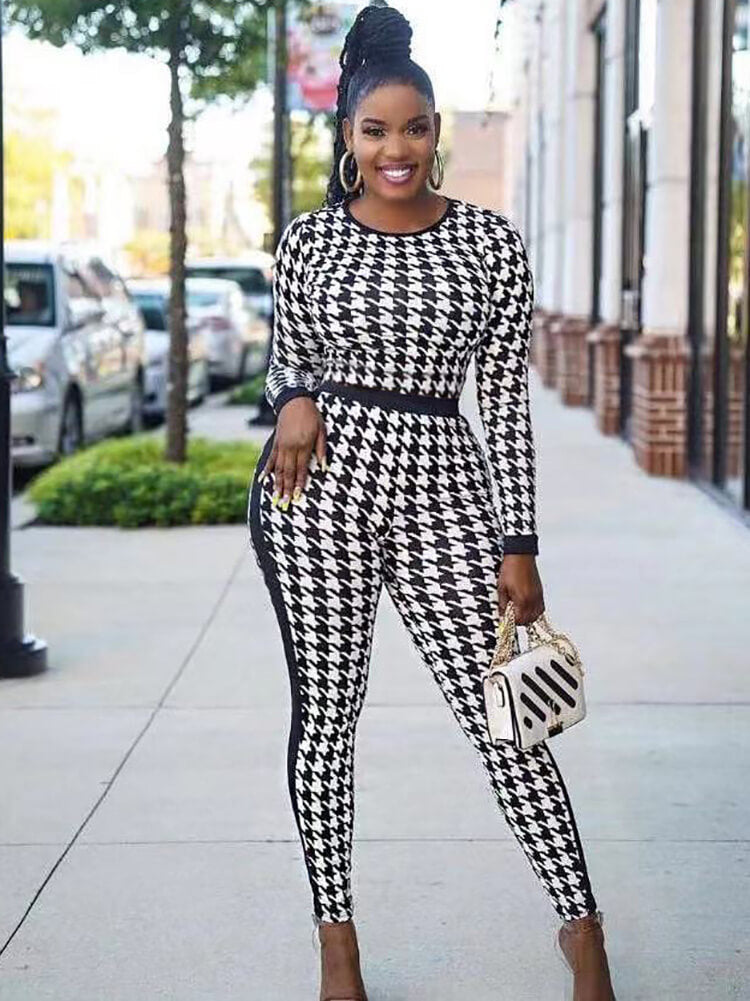 Houndstooth Long Sleeve Patchwork Bodycon Jumpsuit Tiynon