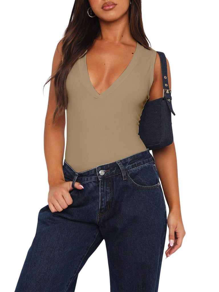 V Neck Sleeveless Solid Bodysuit