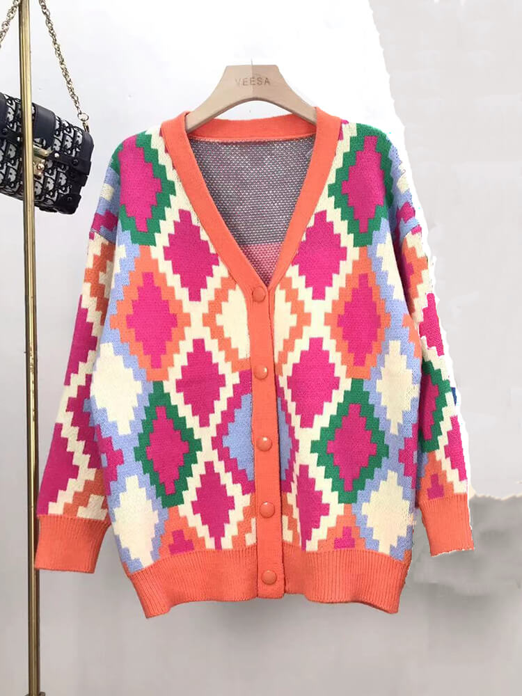 Knit Long Sleeve Color Block Plaid Printed Jackets Tiynon