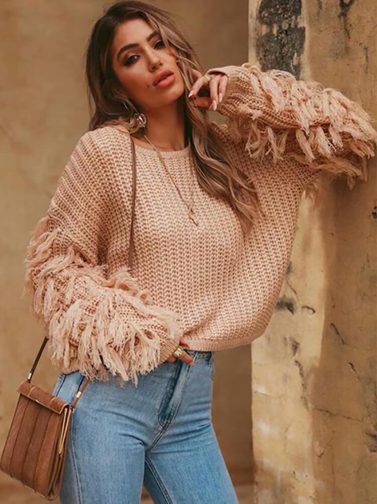 Knit Long Sleeve Tassel Bodycon Sweater Tiynon