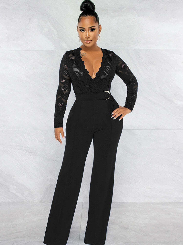 Lace Patchwork Long Sleeve V Neck Jumpsuits Tiynon