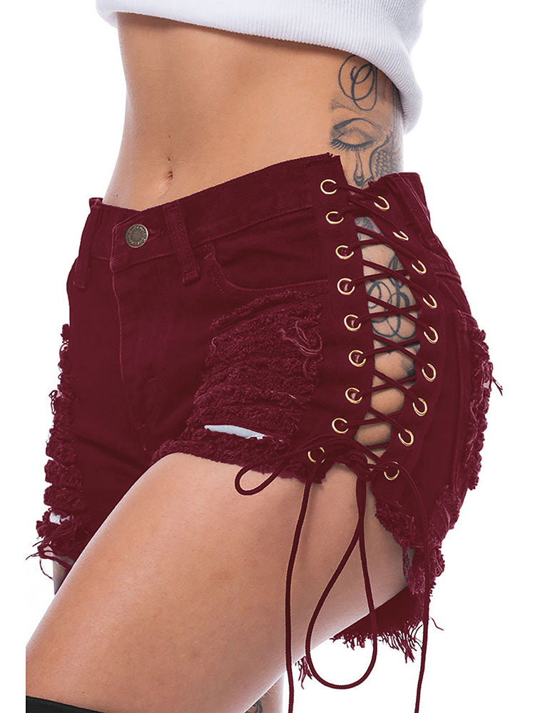 Lace Up Ripped Hole Tassel Shorts Tiynon