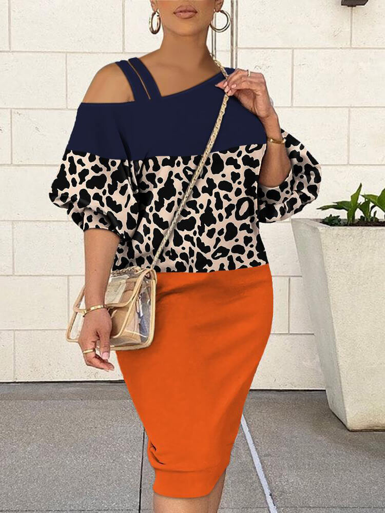 Lantern Sleeve Leopard Print Midi Dresses Tiynon