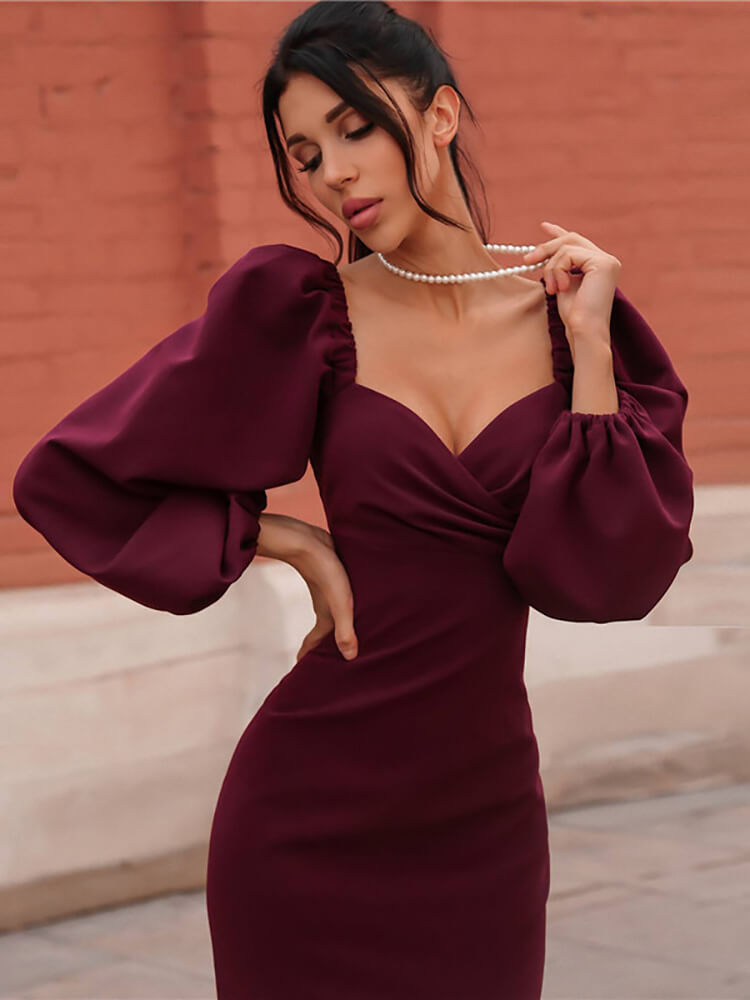 Lantern Sleeve Ruched Bodycon Midi Dress Tiynon