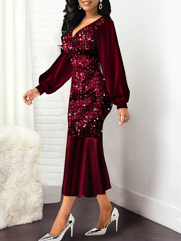 Lantern Sleeve Sequin Patchwork Midi Dresses Tiynon