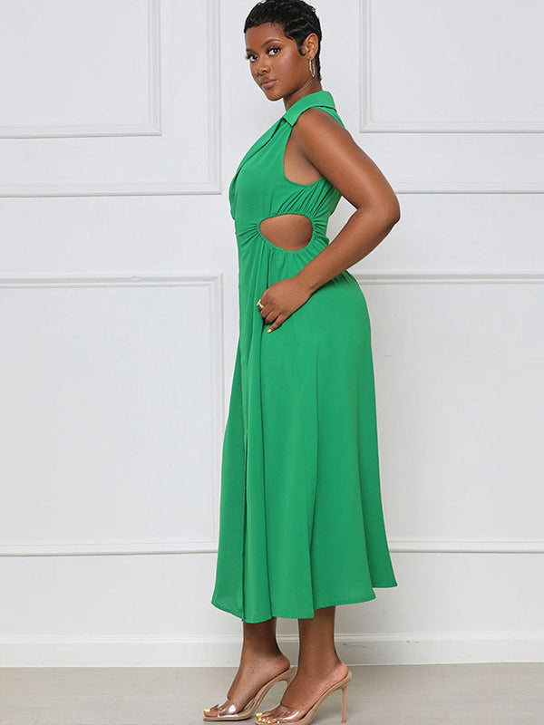 Lapel V Neck Sleeveless Maxi Dresses Tiynon