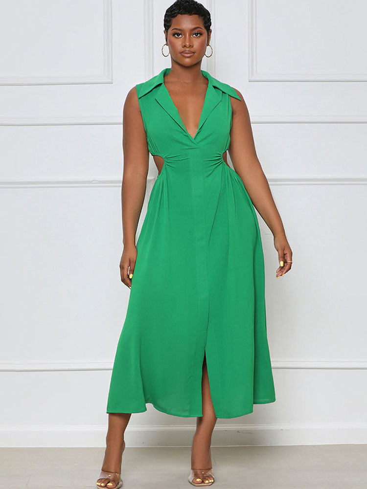 Lapel V Neck Sleeveless Maxi Dresses Tiynon