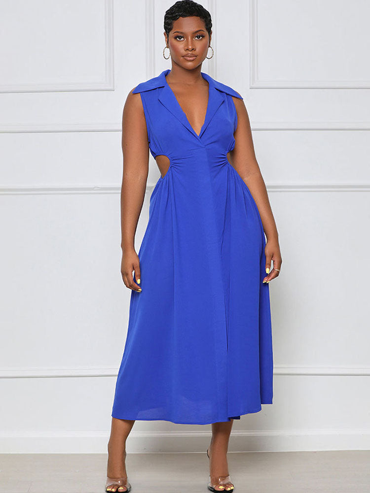 Lapel V Neck Sleeveless Maxi Dresses Tiynon