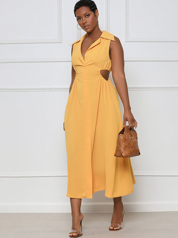 Lapel V Neck Sleeveless Maxi Dresses Tiynon