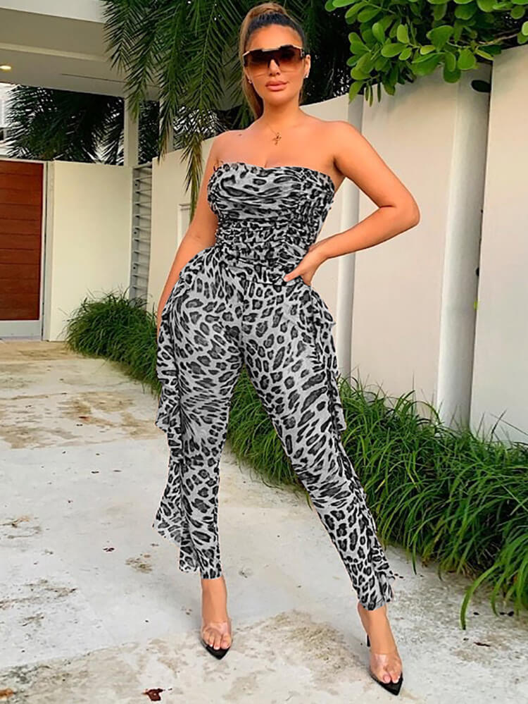 Leopard Mesh Off Shoulder Ruffle Long Jumpsuit Tiynon