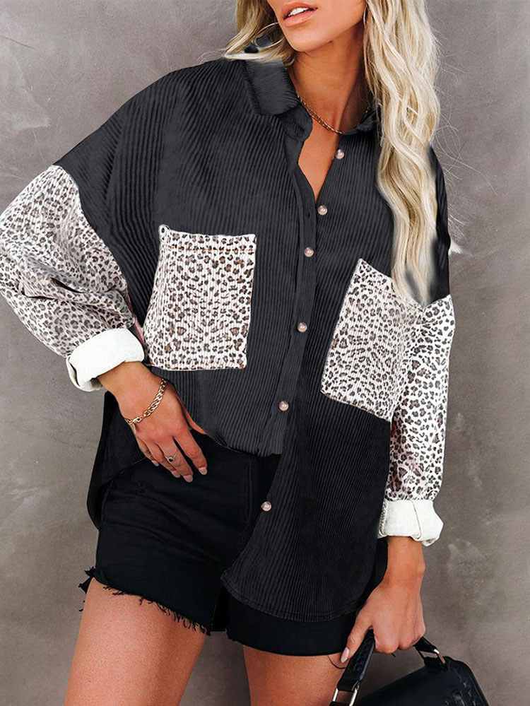 Leopard Patchwork Button Down Shirt Tiynon