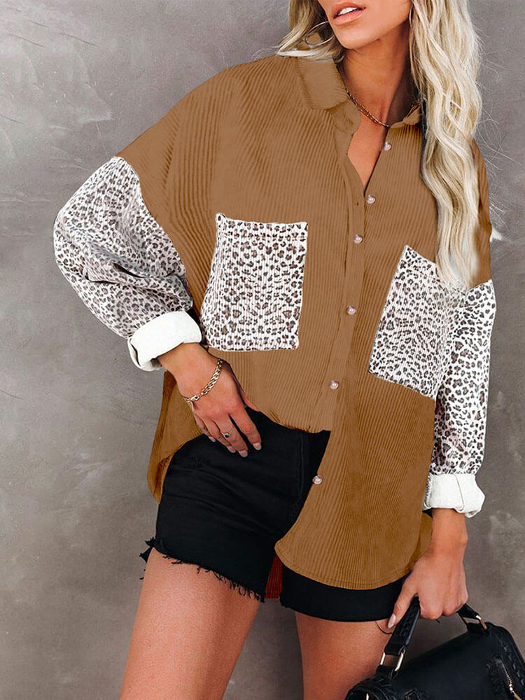 Leopard Patchwork Button Down Shirt Tiynon