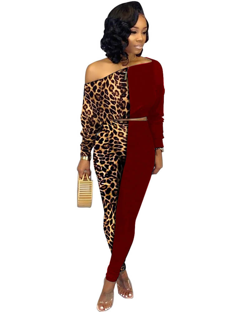 Leopard Print Long Sleeve Shirts Long Pants Two Piece Outfits Tiynon