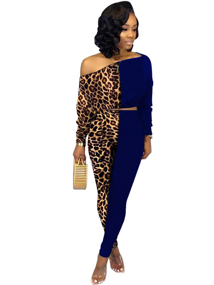 Leopard Print Long Sleeve Shirts Long Pants Two Piece Outfits Tiynon