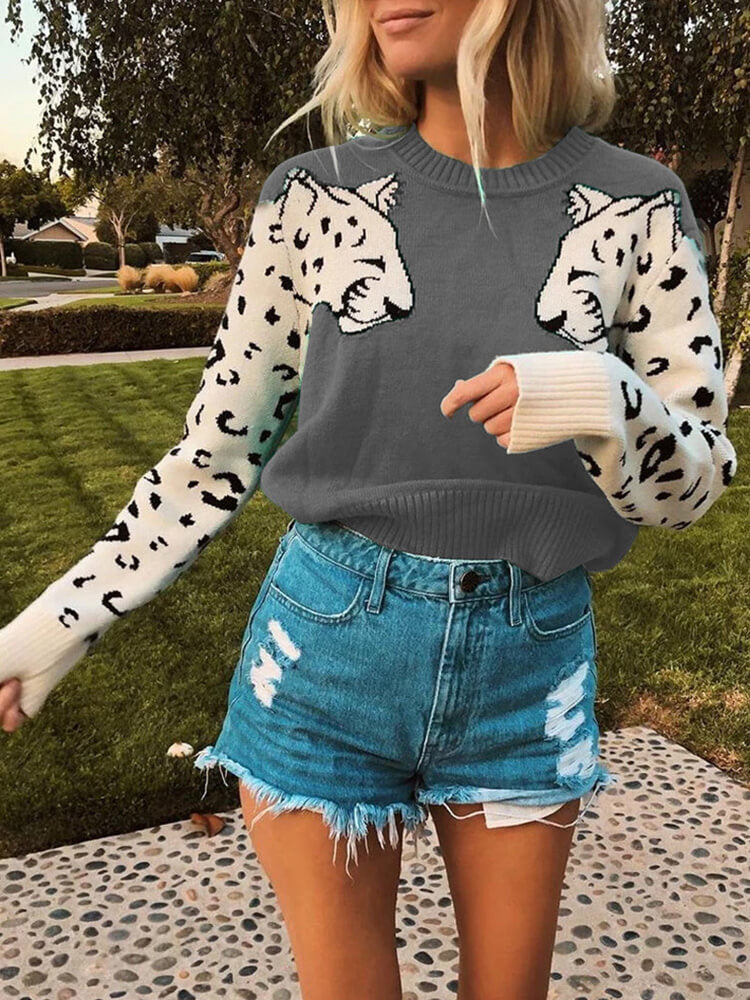 Leopard Print Patchwork Long Sleeve Knit Cropped Sweaters Tiynon