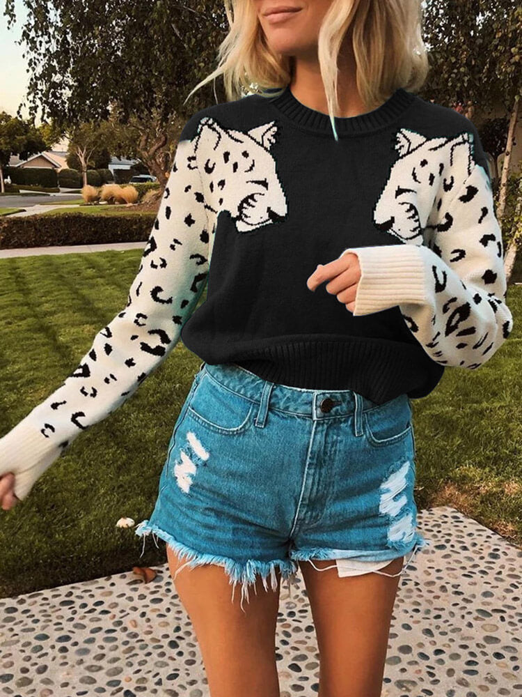 Leopard Print Patchwork Long Sleeve Knit Cropped Sweaters Tiynon