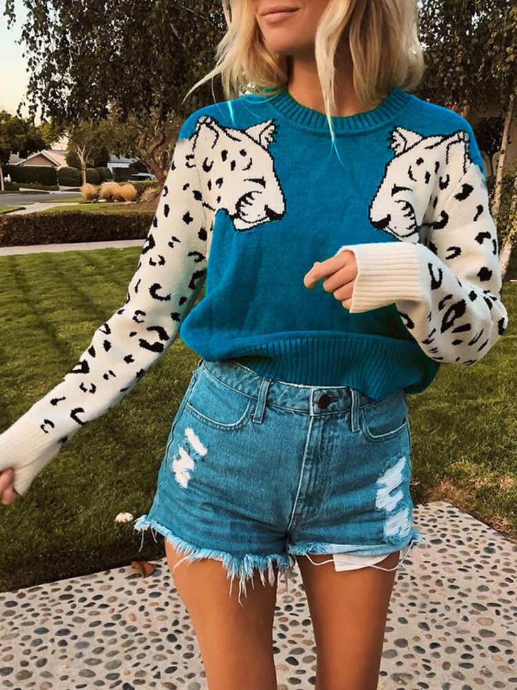 Leopard Print Patchwork Long Sleeve Knit Cropped Sweaters Tiynon