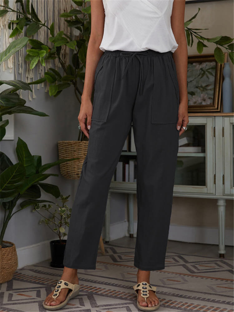 Linen Casual Elastic Waist Trousers with Side Pockets Tiynon