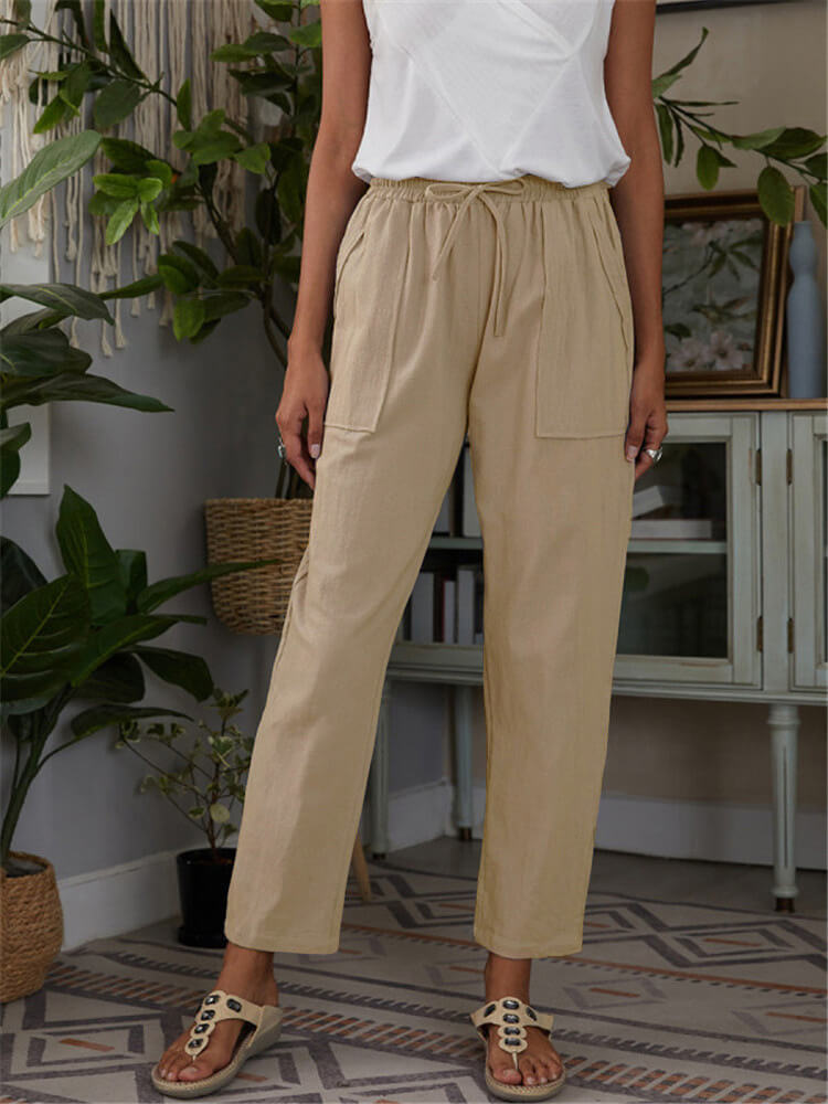 Linen Casual Elastic Waist Trousers with Side Pockets Tiynon