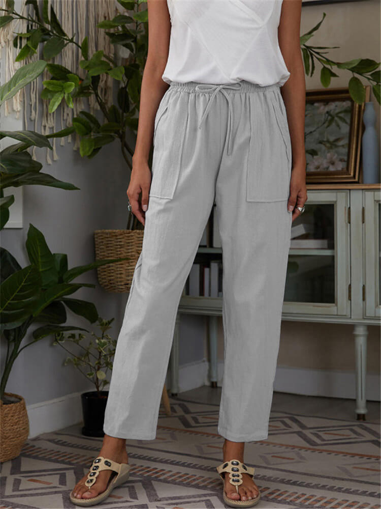 Linen Casual Elastic Waist Trousers with Side Pockets Tiynon