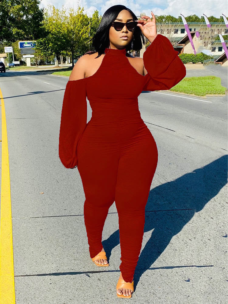 Long Puff Sleeve Halter Backless Stacked Pants Jumpsuit Tiynon